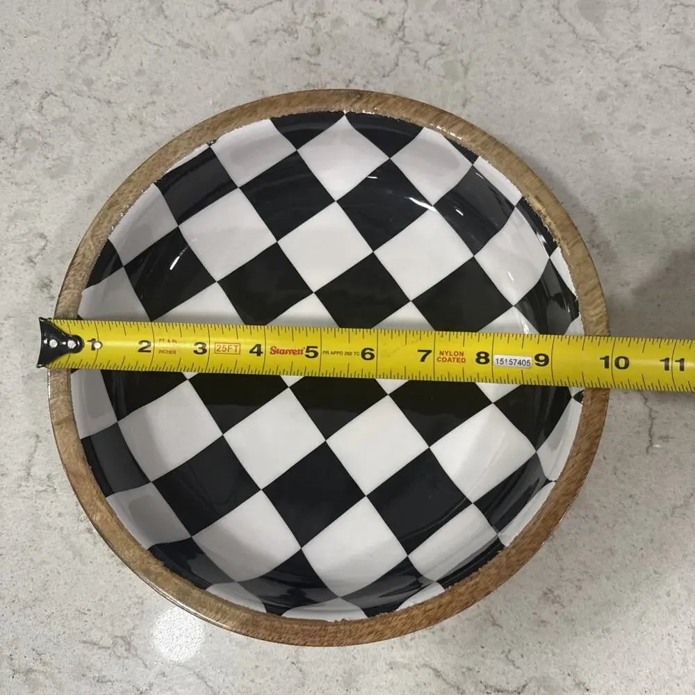 Black White Checker Enamel on Wood 10” Serving Tray / Bowl Enameled Checkerboard